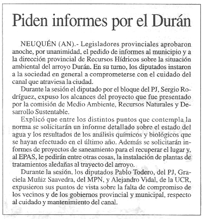 PEDIDO DE INFORMES POR ARROYO DURAN - Artículo diario Río Negro, 27-08-15